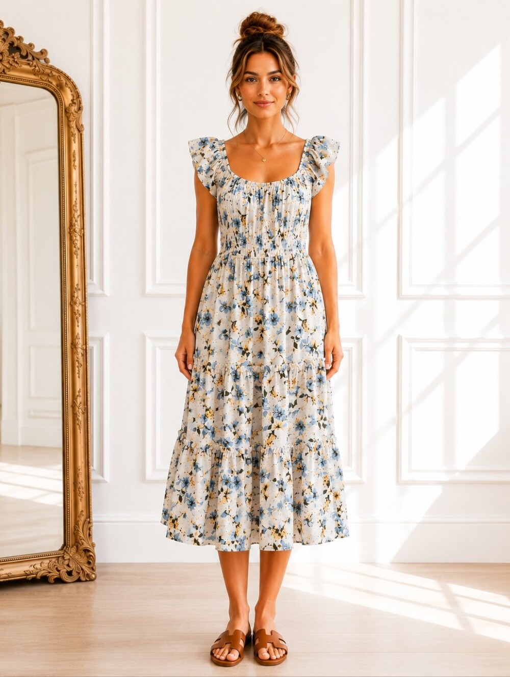 Floral Maxi Tiered Midi Dress Size Small Blue White Cottagecore Boho Romantic